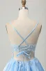 Blue A Line Sequins Corset Cut Out Short Homecoming Dress with Appliques sold by Zapaka