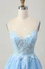 Blue A Line Sequins Corset Cut Out Short Homecoming Dress with Appliques sold by Zapaka