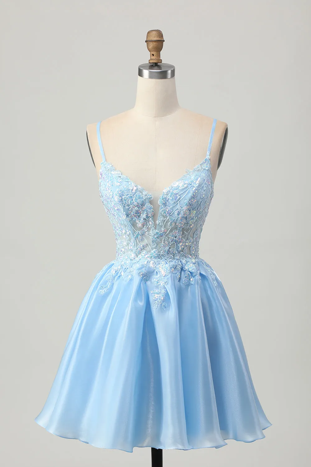 Blue A Line Sequins Corset Cut Out Short Homecoming Dress with Appliques sold by Zapaka