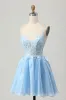 Blue A Line Sequins Corset Cut Out Short Homecoming Dress with Appliques sold by Zapaka