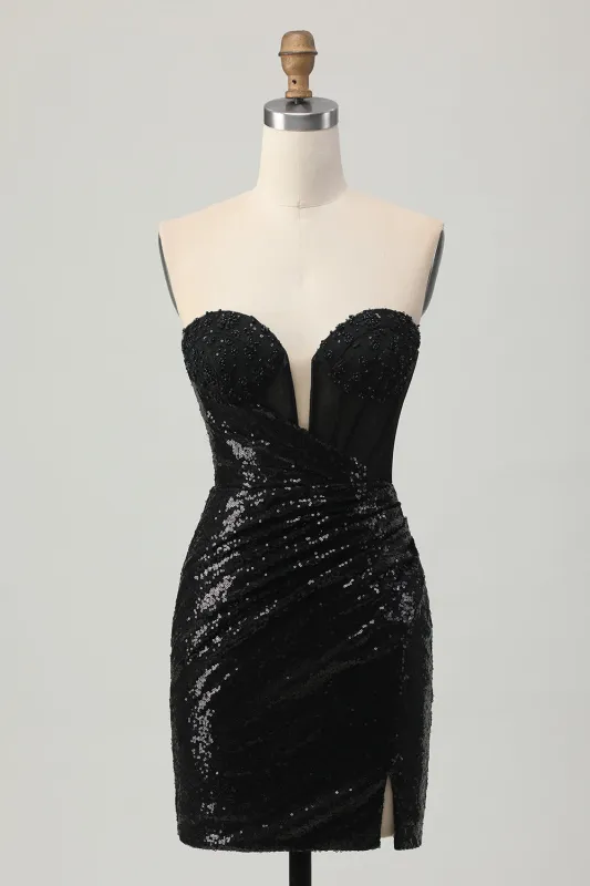 Black Bodycon Strapless Sequins Homecoming Dress with Slit sold by Zapaka