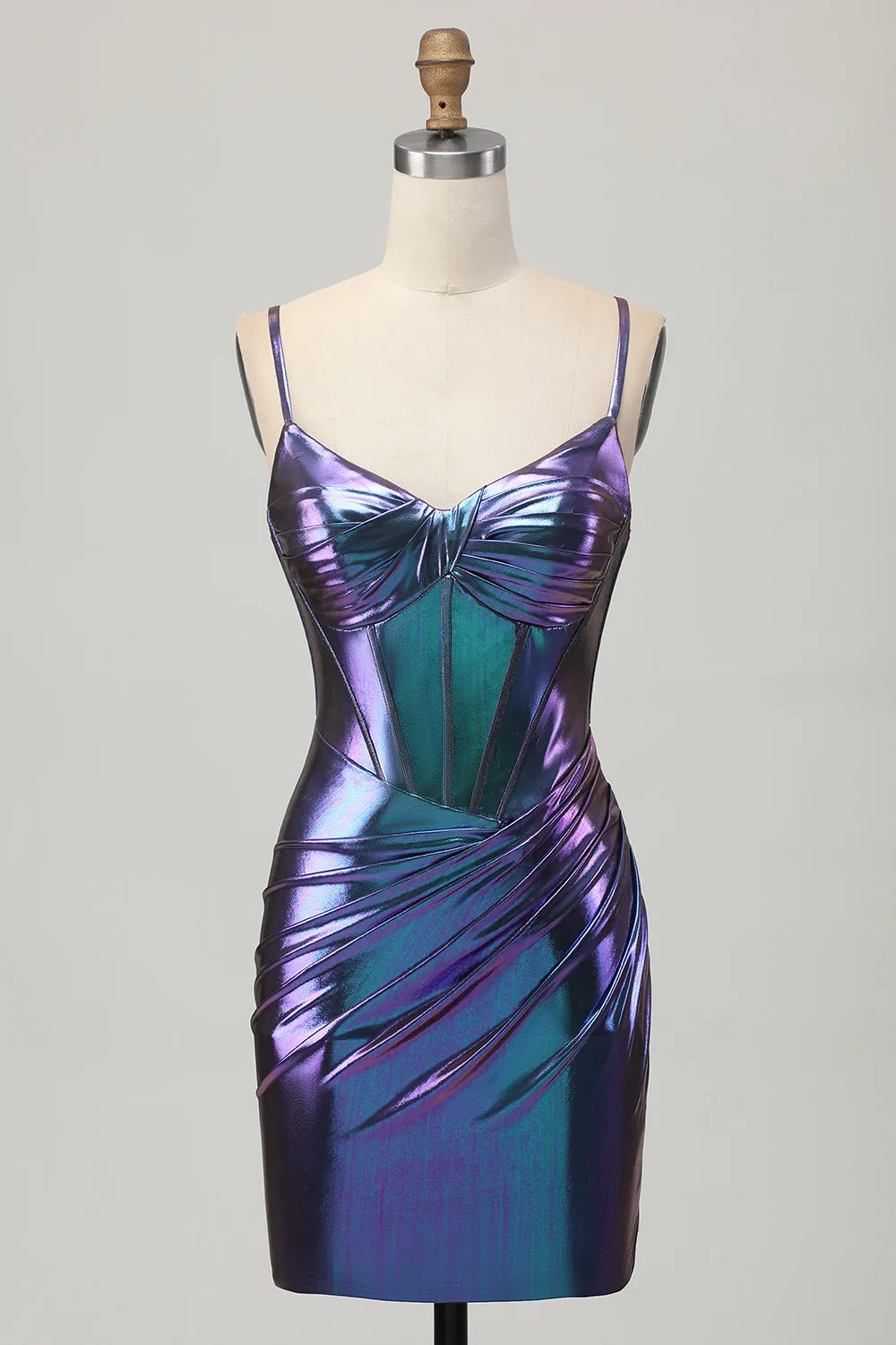 Blue Purple Bodycon Corset Ruched Metallic Homecoming Dress sold by Zapaka