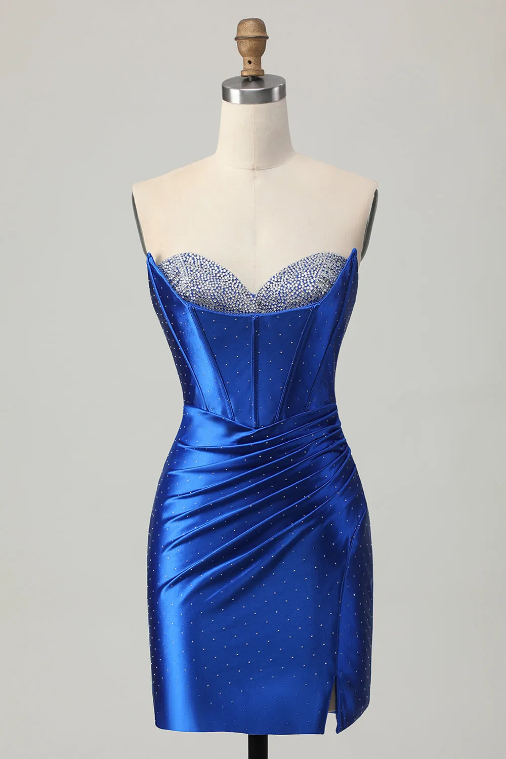 Royal Blue Strapless Beaded Tight Homecoming Dress with Slit sold by Zapaka