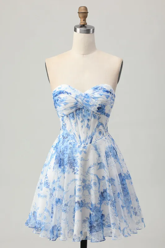 White Blue Floral A Line Strapless Corset Homecoming Dress sold by Zapaka