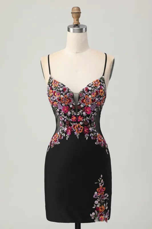 Black Bodycon Flower Spaghetti Straps Mini Homecoming Dress sold by Zapaka