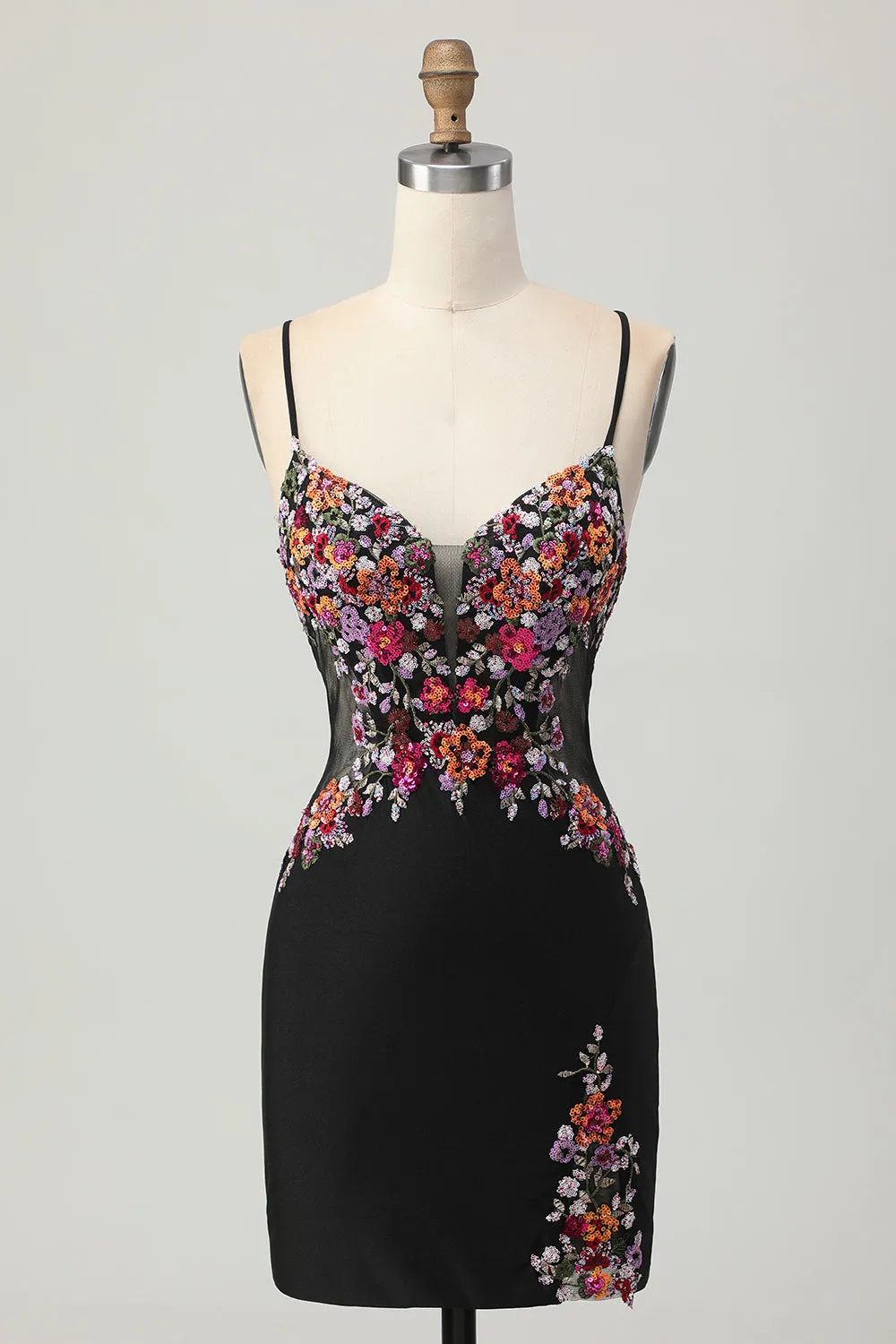 Black Bodycon Flower Spaghetti Straps Mini Homecoming Dress sold by Zapaka