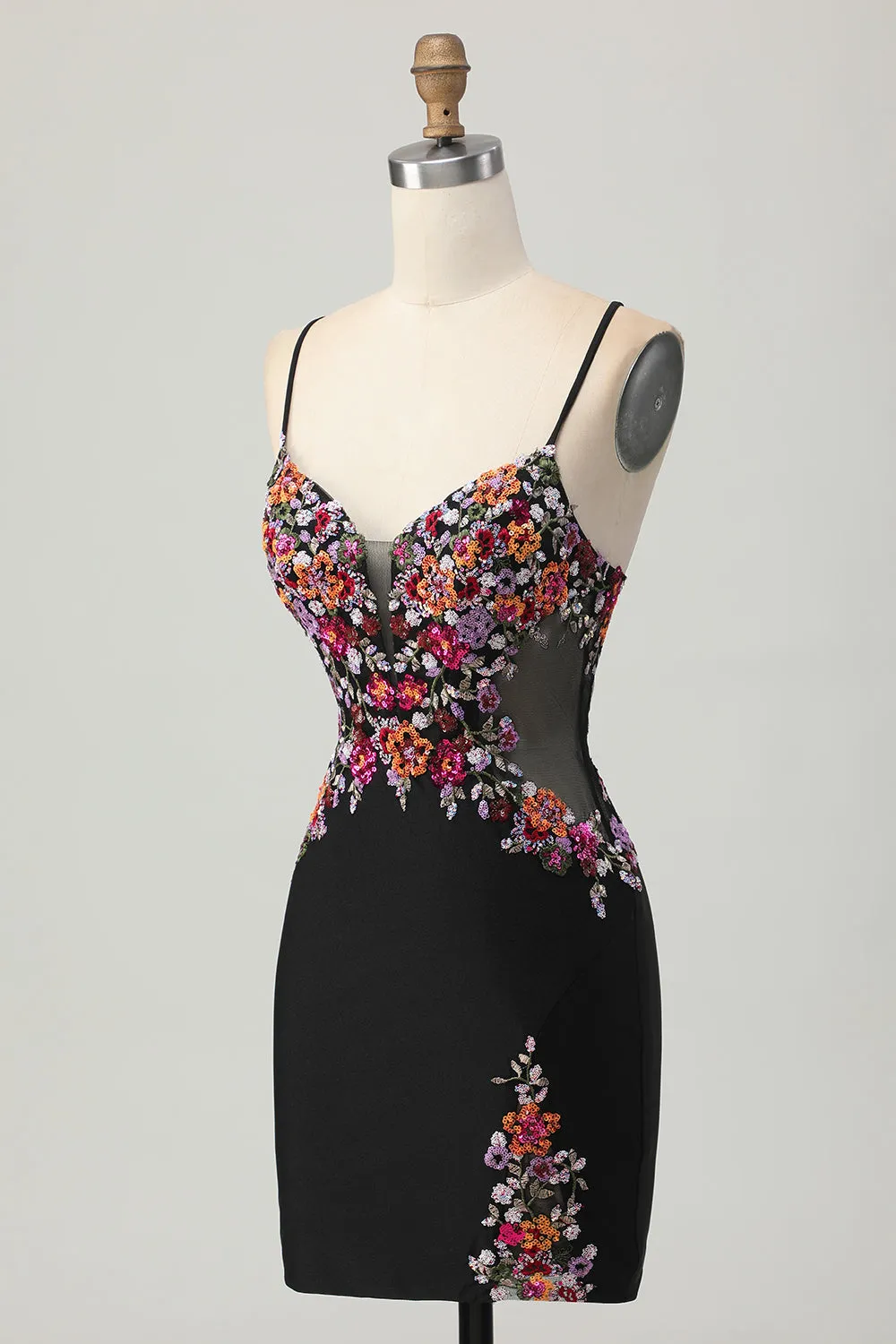 Black Bodycon Flower Spaghetti Straps Mini Homecoming Dress sold by Zapaka product image thumbnail 3