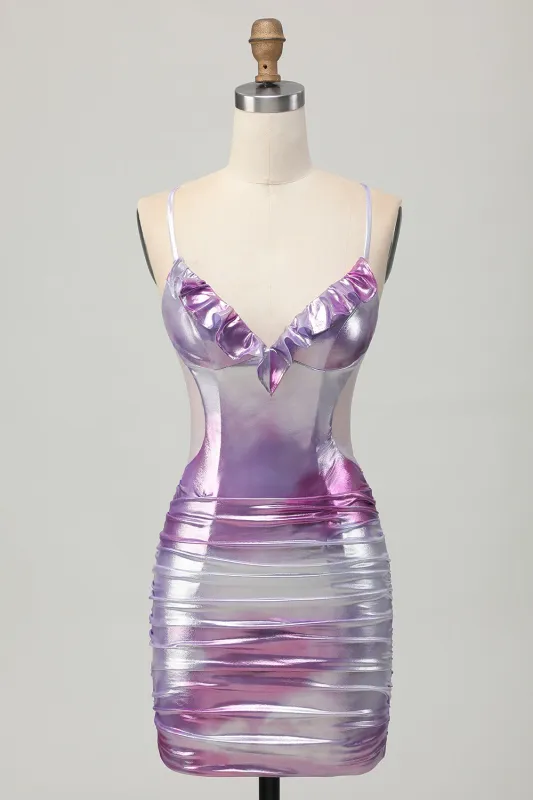 Silver Purple Bodycon Ruffled V Neck Homecoming Dress sold by Zapaka