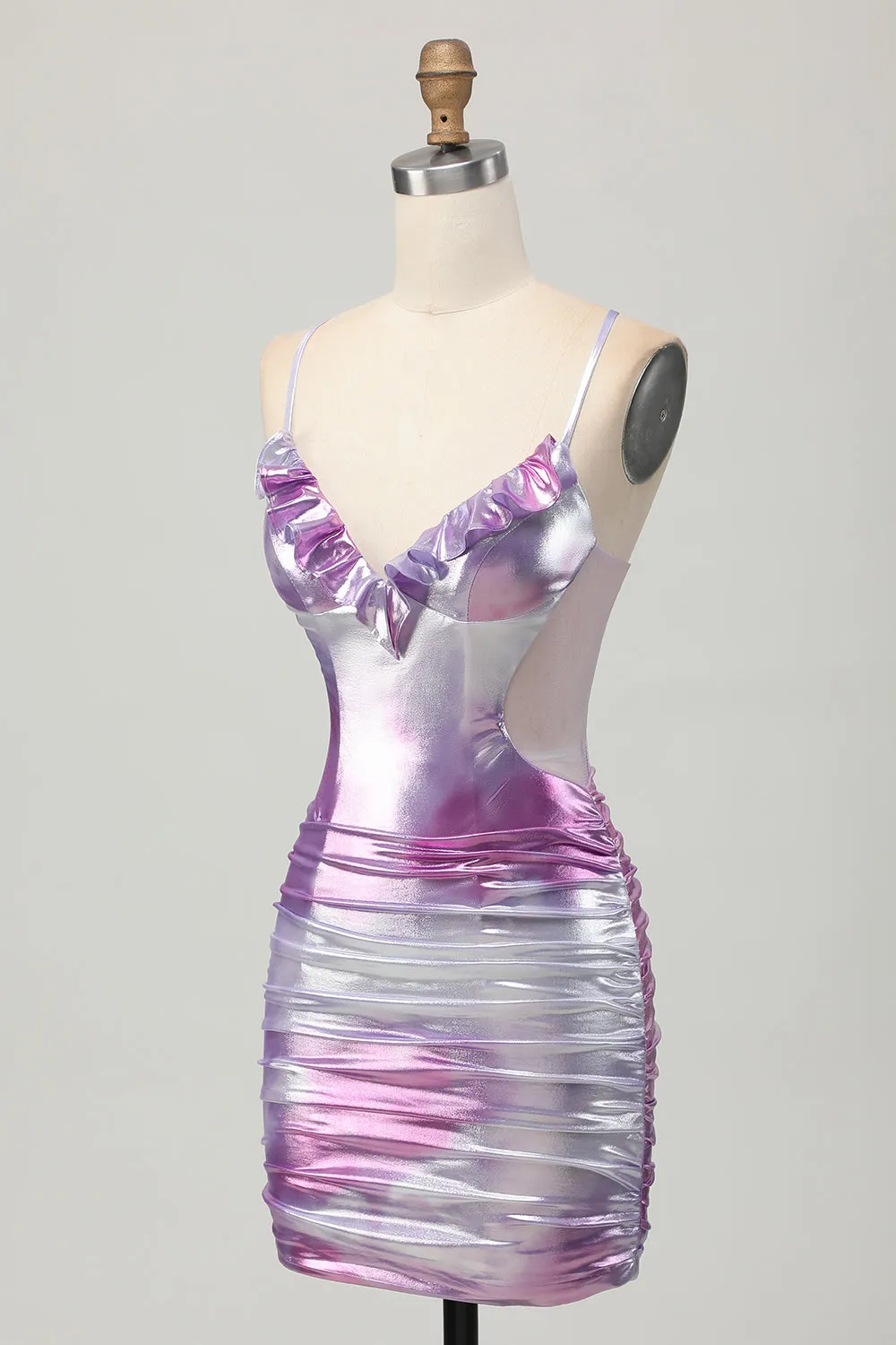 Silver Purple Bodycon Ruffled V Neck Homecoming Dress sold by Zapaka product image thumbnail 3