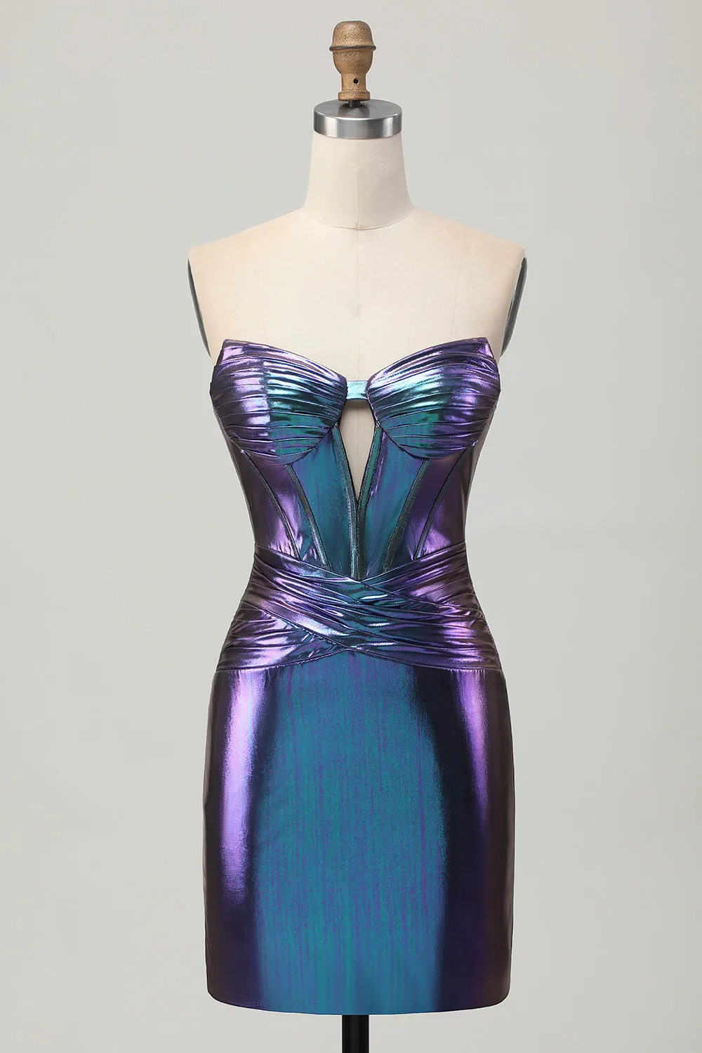 Metallic Blue Purple Strapless Cut Out Corset Tight Homecoming Dress sold by Zapaka