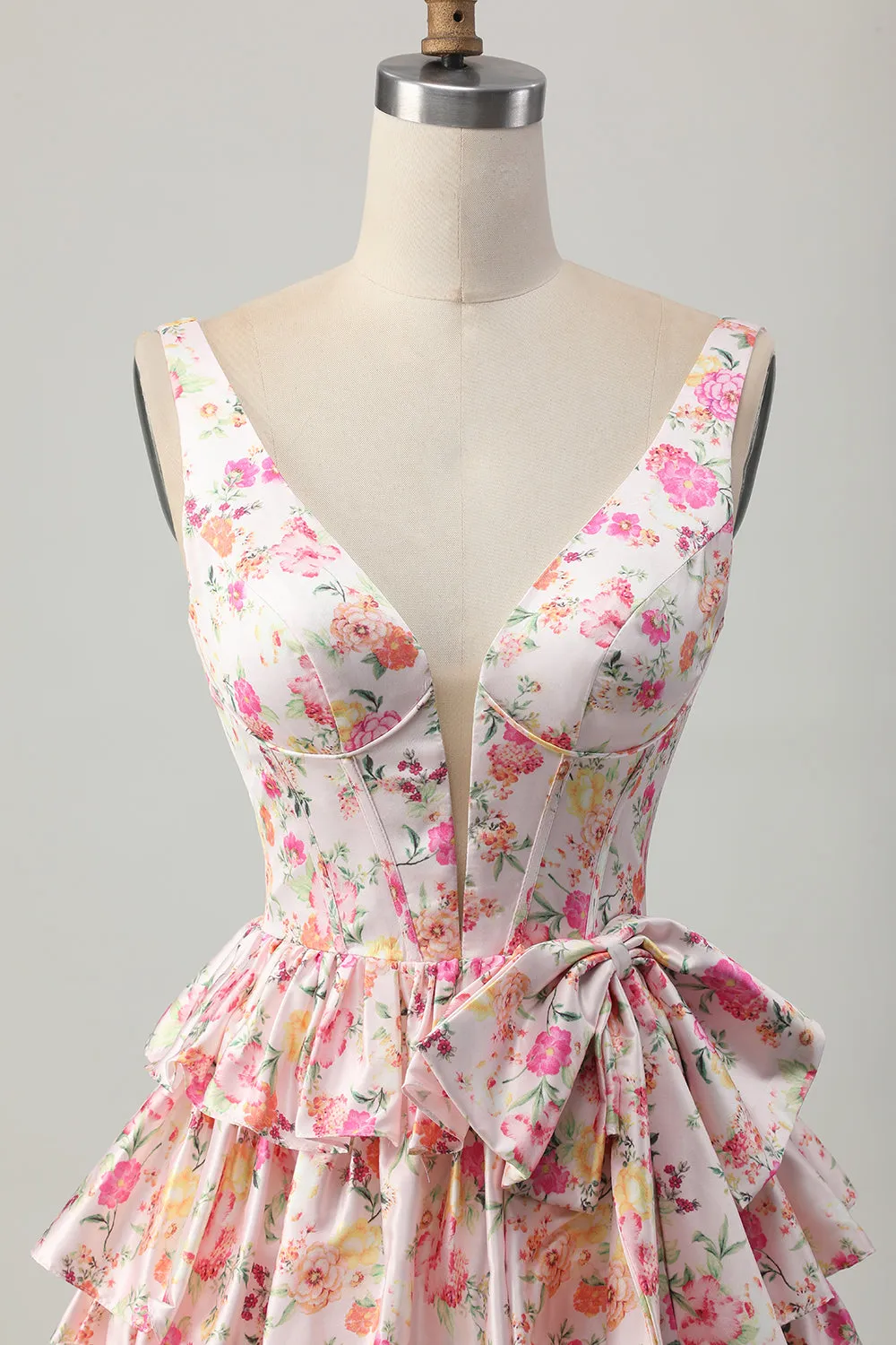 Pink Floral V-Neck A Line Tiered Short Homecoming Dress with Bow sold by Zapaka product image thumbnail 4