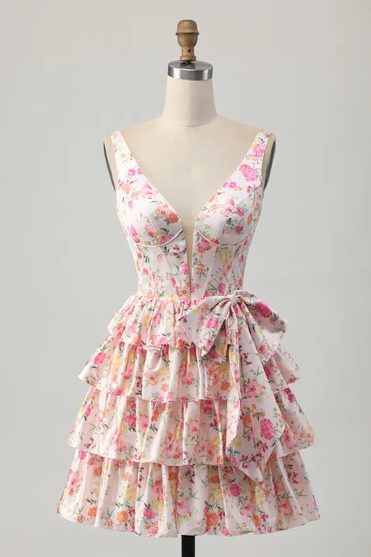 Pink Floral V-Neck A Line Tiered Short Homecoming Dress with Bow sold by Zapaka