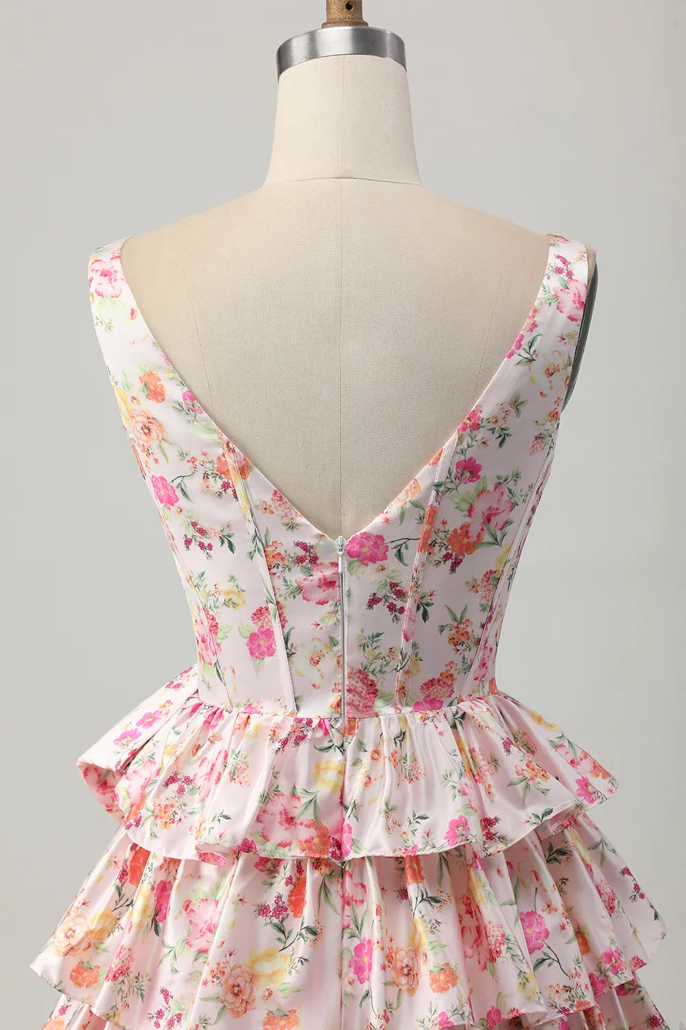 Pink Floral V-Neck A Line Tiered Short Homecoming Dress with Bow sold by Zapaka product image thumbnail 5