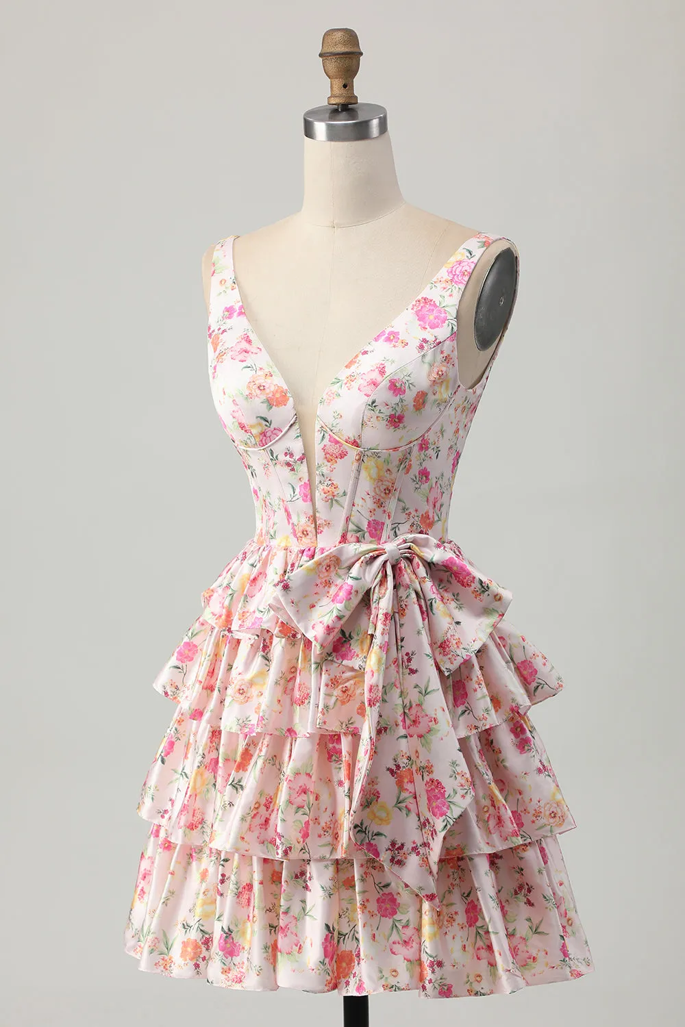 Pink Floral V-Neck A Line Tiered Short Homecoming Dress with Bow sold by Zapaka product image thumbnail 3