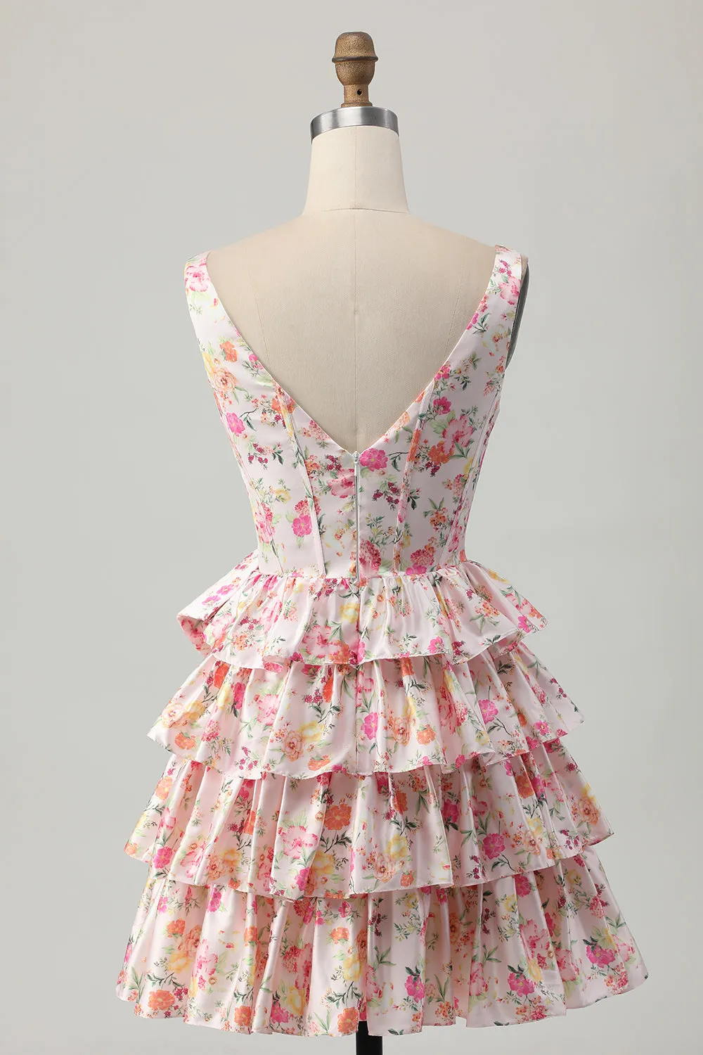 Pink Floral V-Neck A Line Tiered Short Homecoming Dress with Bow sold by Zapaka product image thumbnail 2
