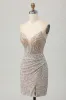 Silver Strapless Bodycon Sequins Homecoming Dress with Slit sold by Zapaka