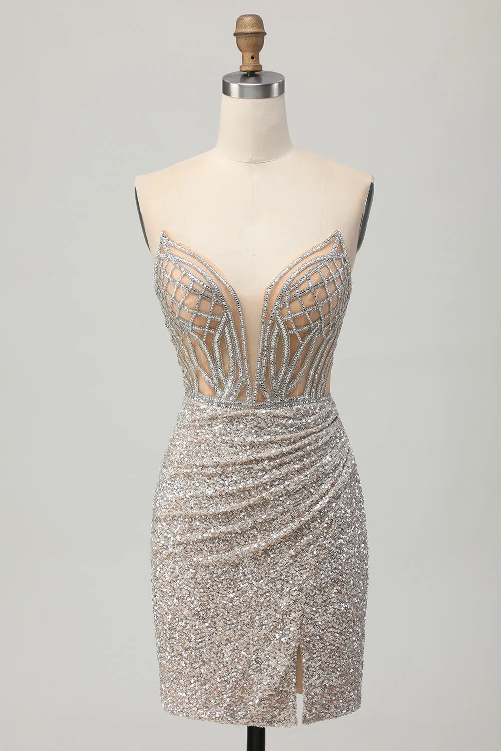 Silver Strapless Bodycon Sequins Homecoming Dress with Slit sold by Zapaka