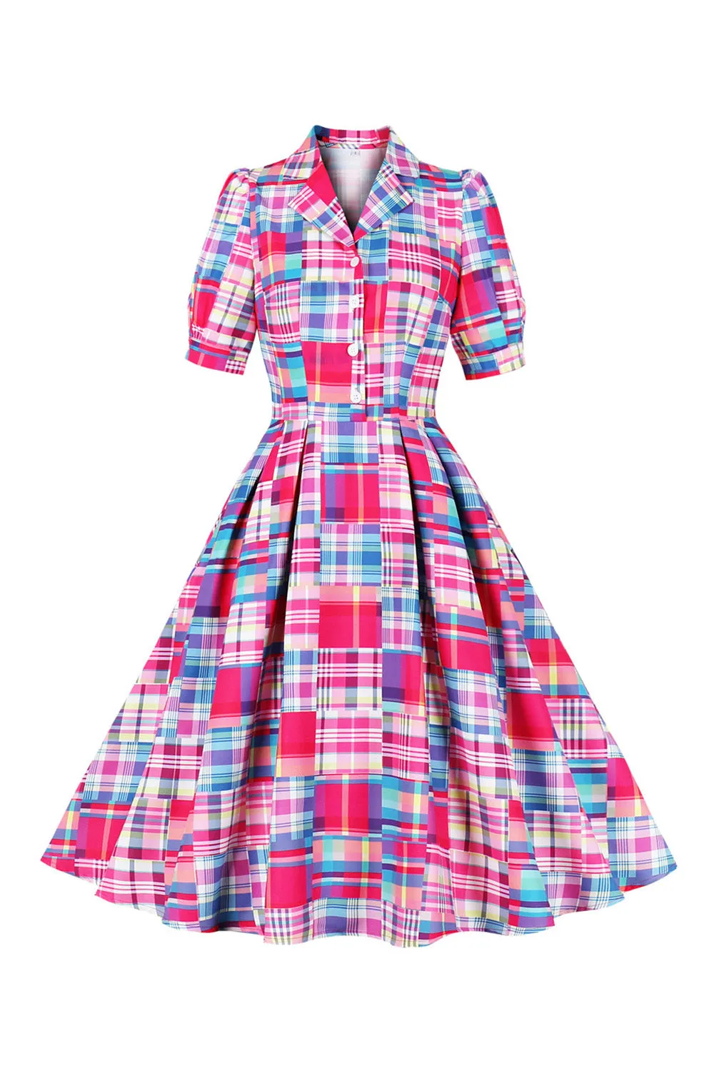 Pink Button Half Sleeves Plaid 1950s Dress sold by Zapaka