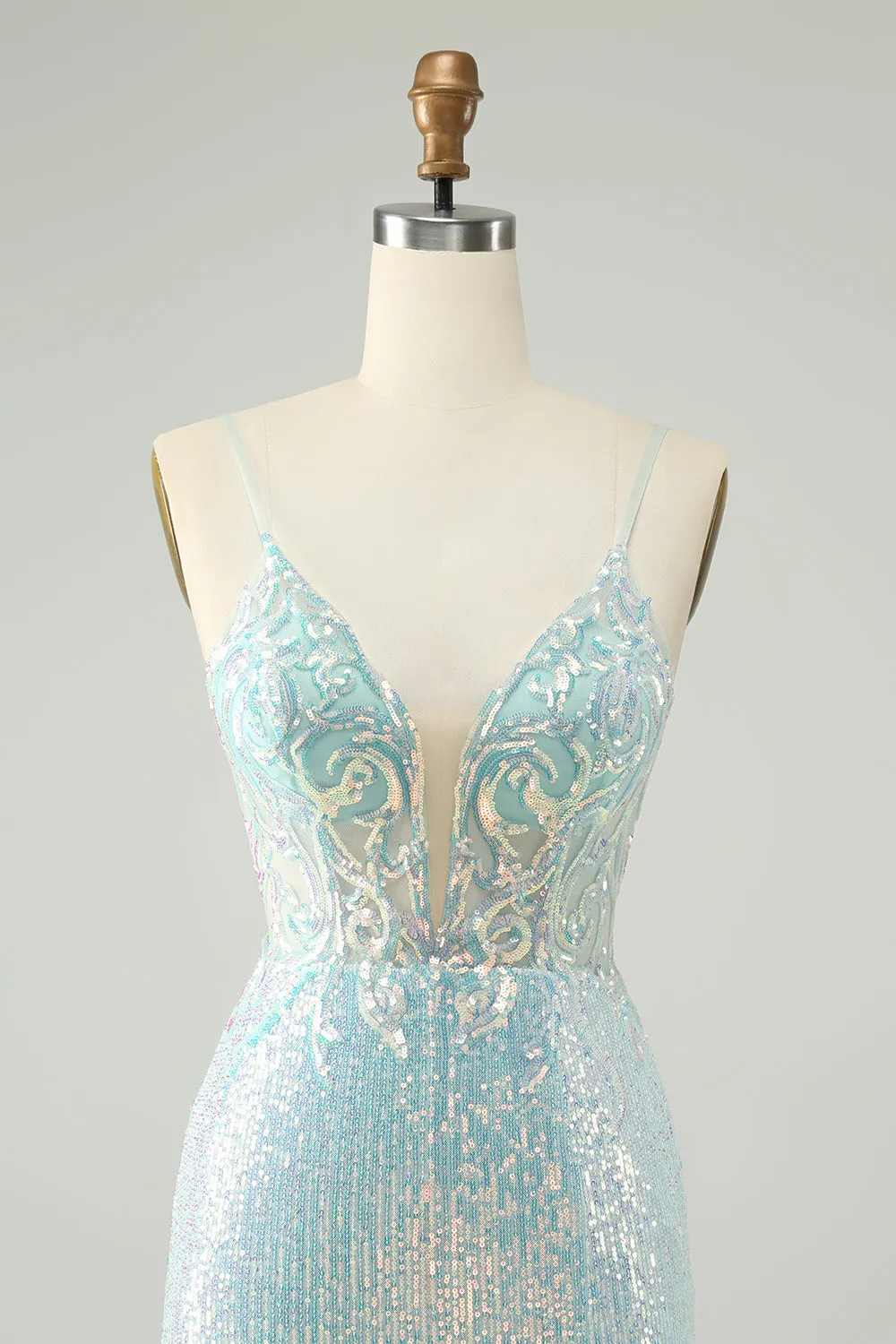 Sparkly Light Blue Spaghetti Straps Tight Short Homecoming Dress with Slit sold by Zapaka product image thumbnail 4