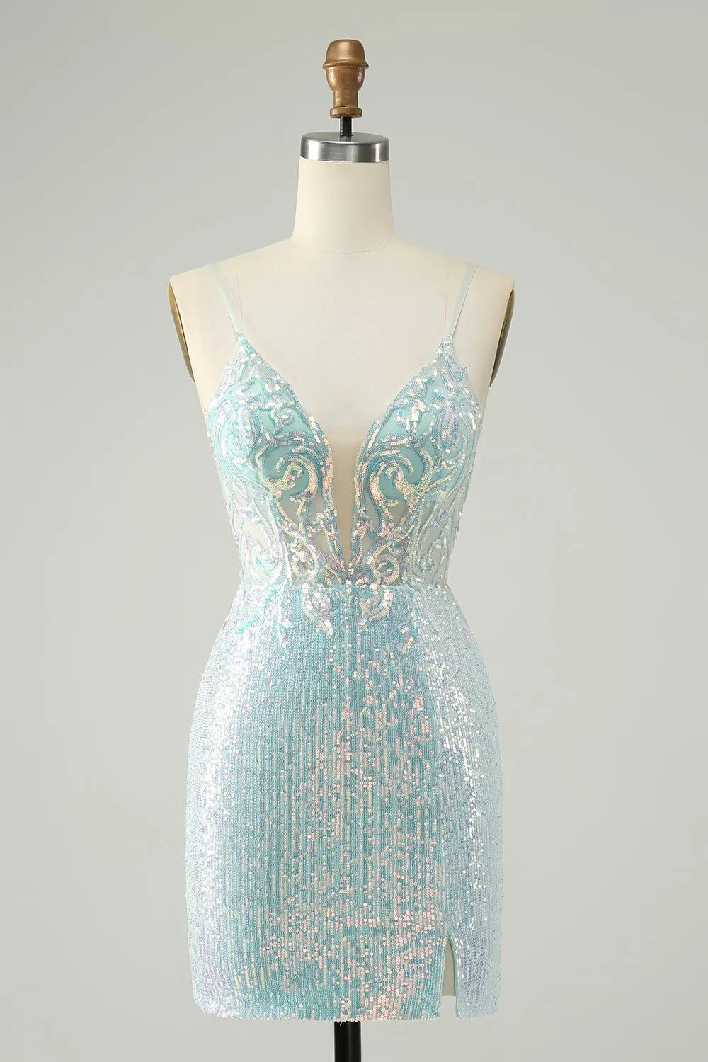 Sparkly Light Blue Spaghetti Straps Tight Short Homecoming Dress with Slit sold by Zapaka