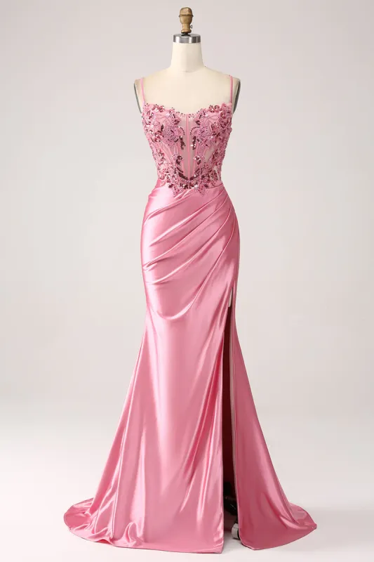 Pink Mermaid Spaghetti Straps Sequin Corset Prom Dress with Slit sold by Zapaka