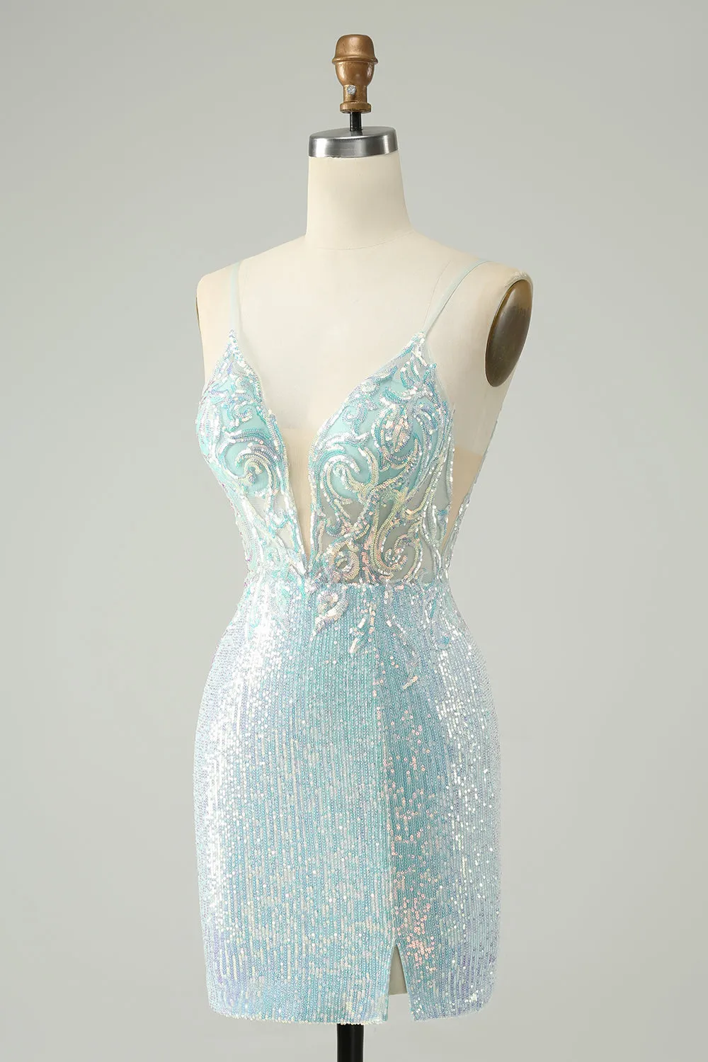 Sparkly Light Blue Spaghetti Straps Tight Short Homecoming Dress with Slit sold by Zapaka product image thumbnail 3