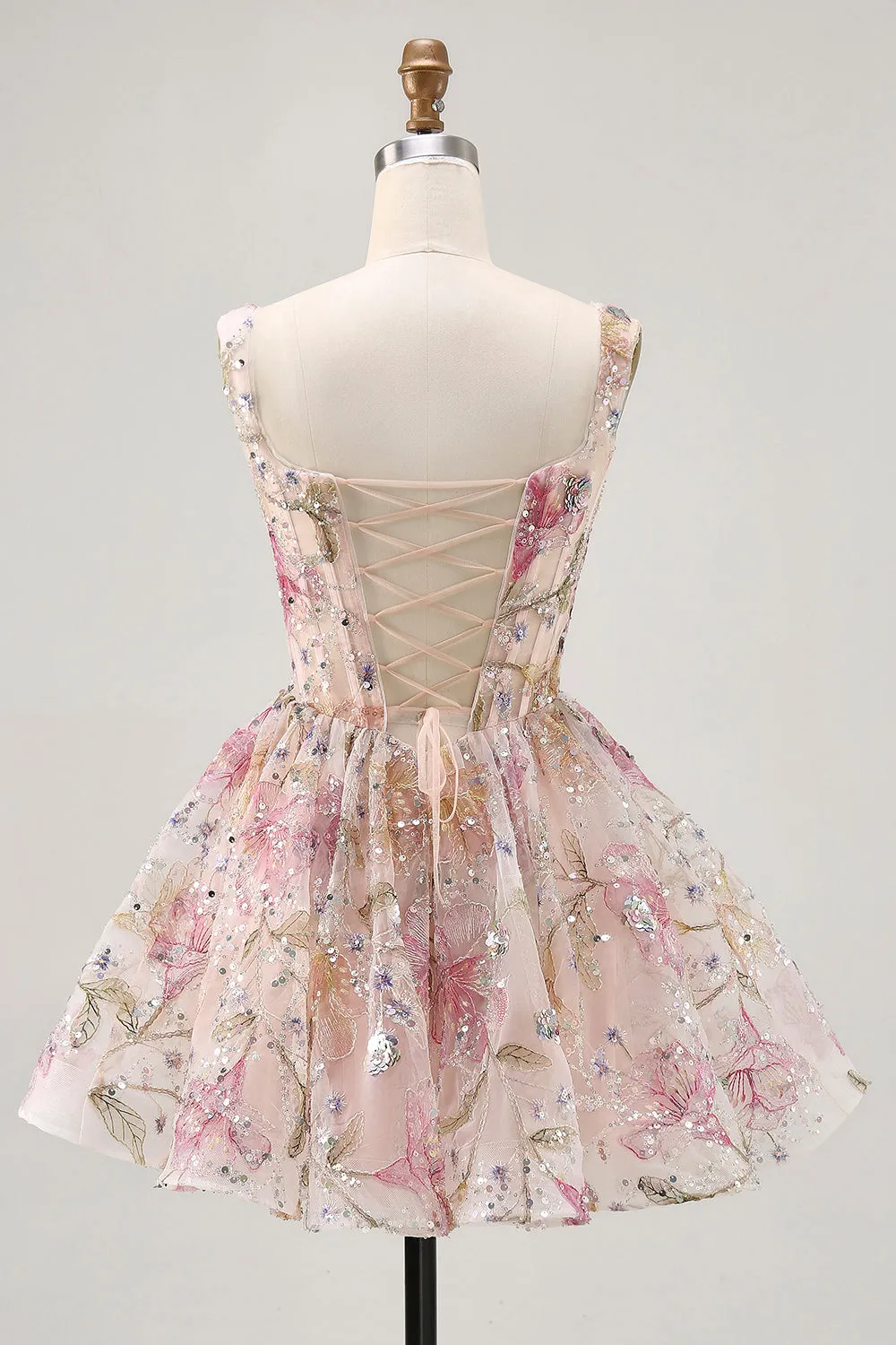 Sparkly Floral A-line Square Neck Sequins Short Homecoming Dress with Lace Up Back sold by Zapaka product image thumbnail 2