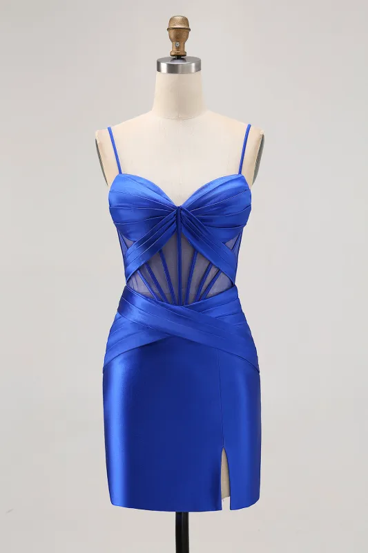 Royal Blue Sheer Corset Pleated Tight Homecoming Dress with Slit sold by Zapaka