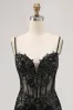 Black Bodycon Backless Sheer Corset Short Homecoming Dress with Sequins sold by Zapaka