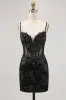 Black Bodycon Backless Sheer Corset Short Homecoming Dress with Sequins sold by Zapaka