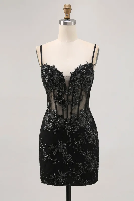 Black Bodycon Backless Sheer Corset Short Homecoming Dress with Sequins sold by Zapaka