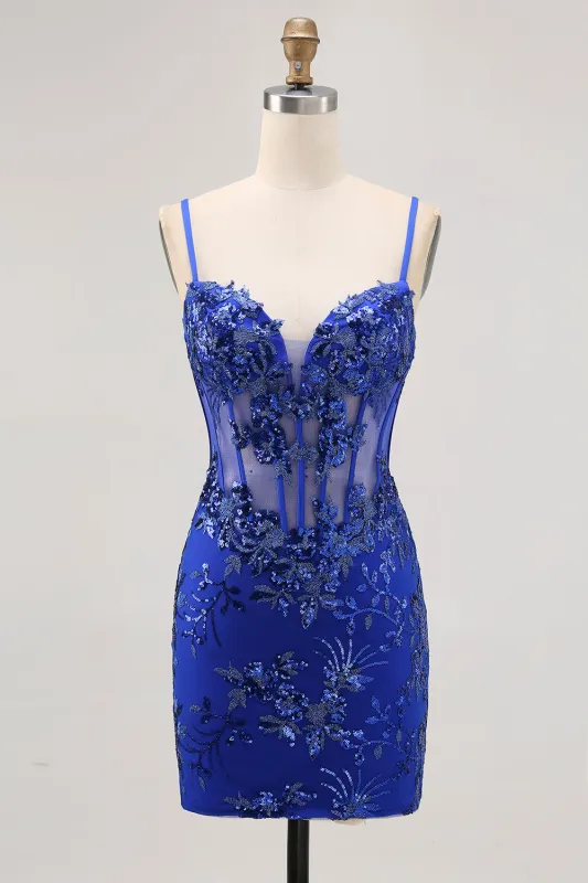 Royal Blue Bodycon Sheer Corset Short Homecoming Dress with Sequins sold by Zapaka