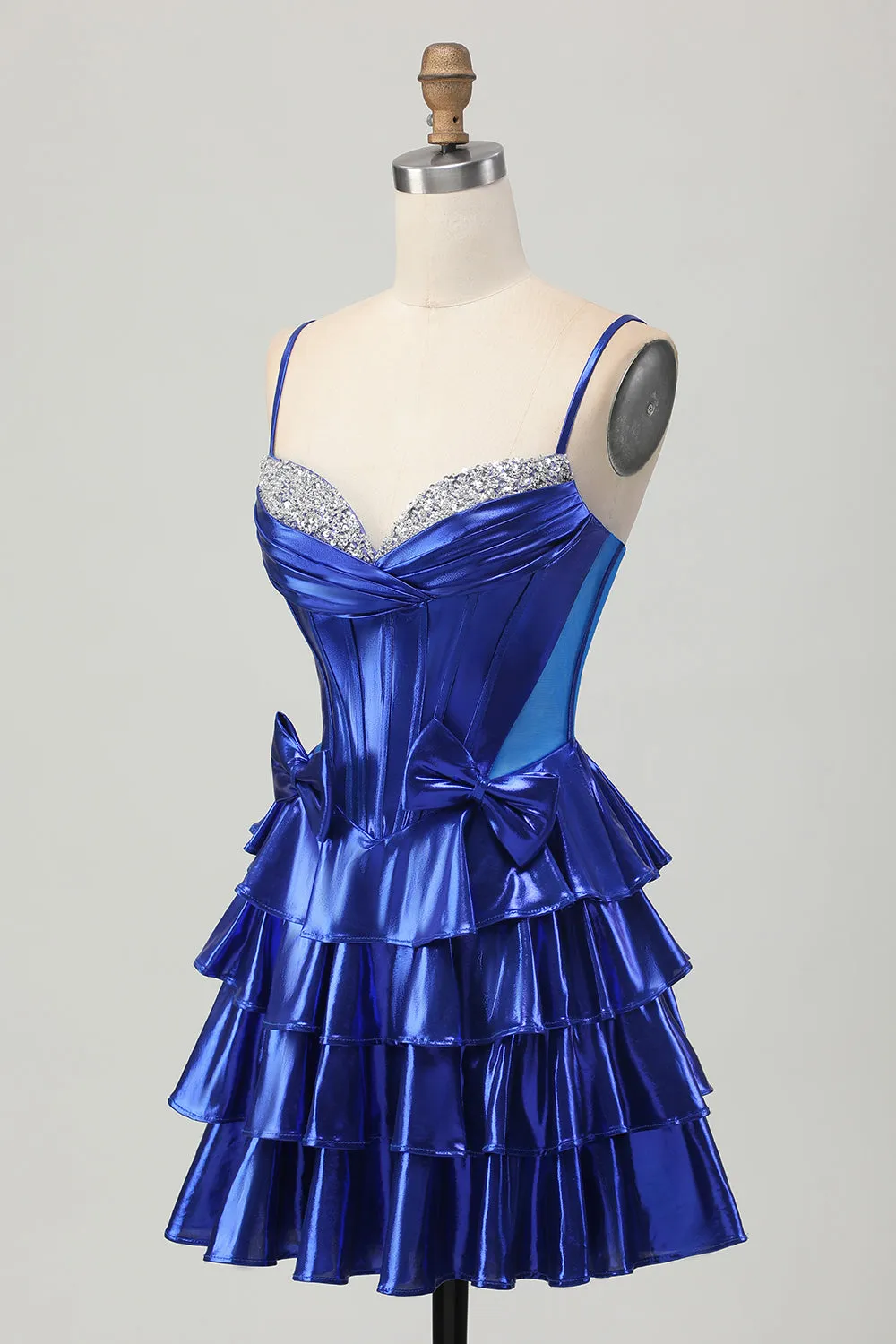 Metallic A-line Tiered Corset Short Homecoming Dress with Bows sold by Zapaka product image thumbnail 3