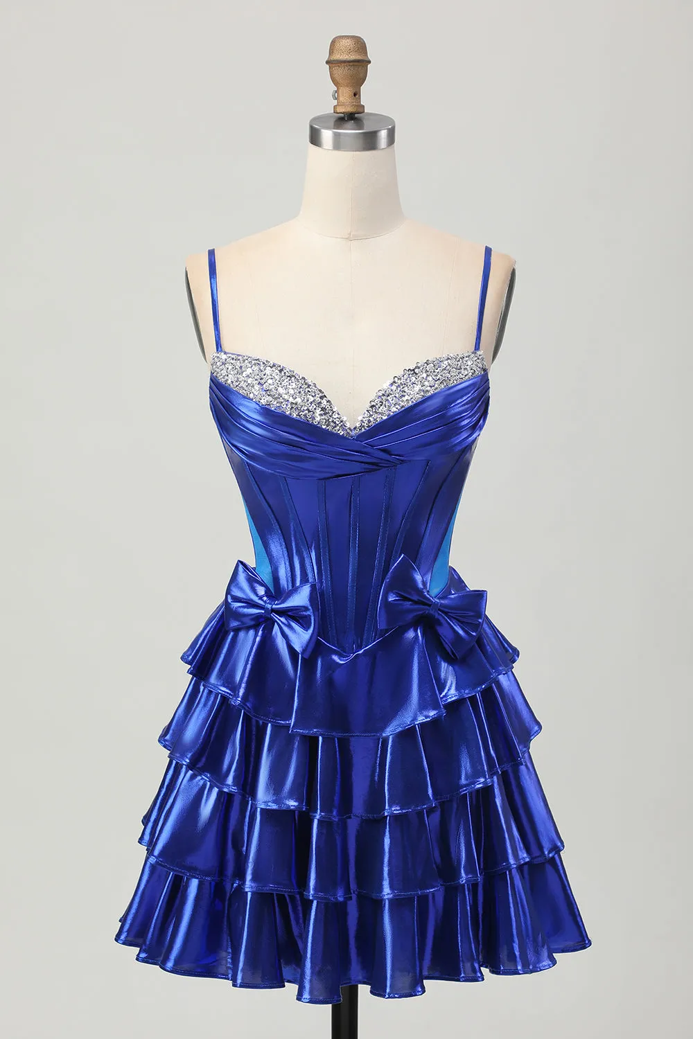 Metallic A-line Tiered Corset Short Homecoming Dress with Bows sold by Zapaka
