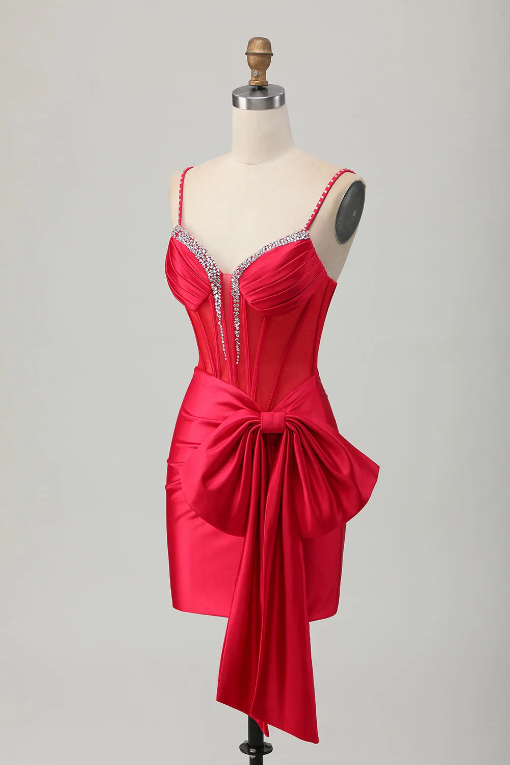 Red Bodycon Corset Ruched Beaded Short Homecoming Dress with Bow sold by Zapaka product image thumbnail 3