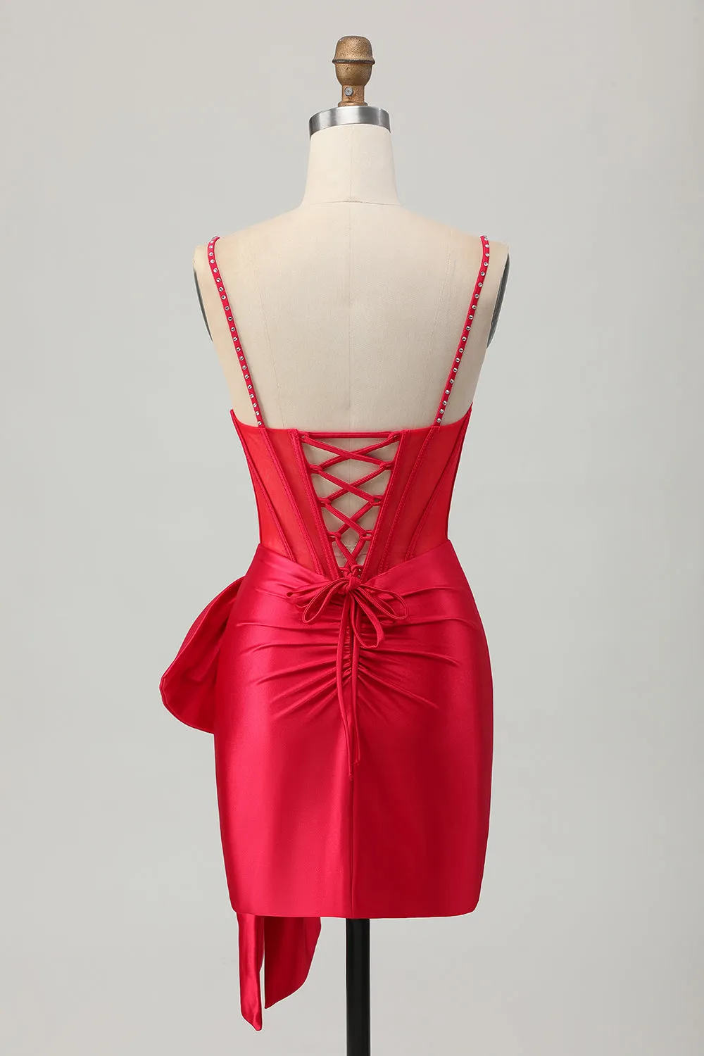 Red Bodycon Corset Ruched Beaded Short Homecoming Dress with Bow sold by Zapaka product image thumbnail 2
