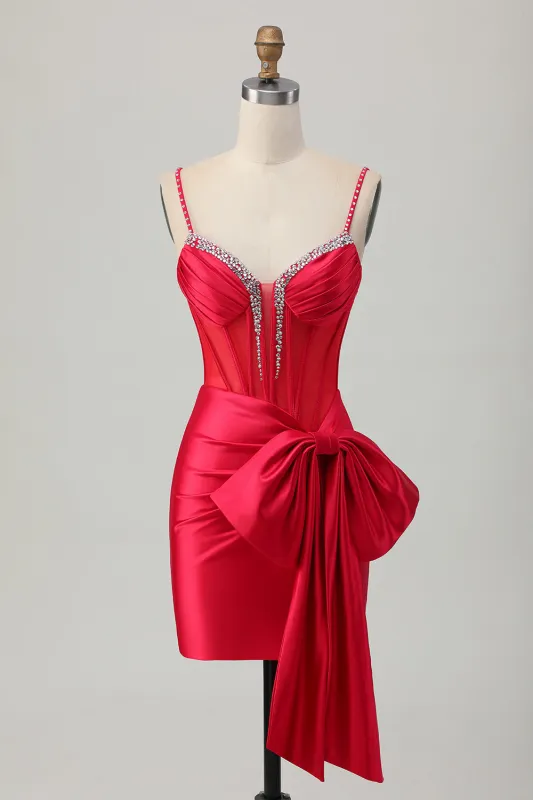 Red Bodycon Corset Ruched Beaded Short Homecoming Dress with Bow sold by Zapaka