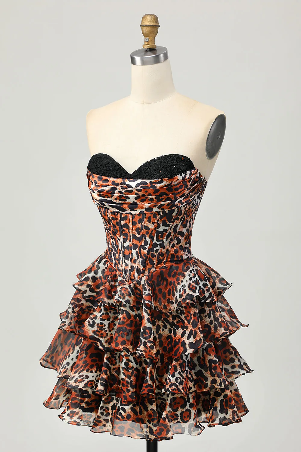 Khaki Leopard A-line Sweetheart Tiered Corset Short Homecoming Dress sold by Zapaka product image thumbnail 3
