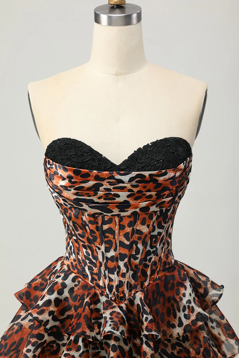 Khaki Leopard A-line Sweetheart Tiered Corset Short Homecoming Dress sold by Zapaka product image thumbnail 4