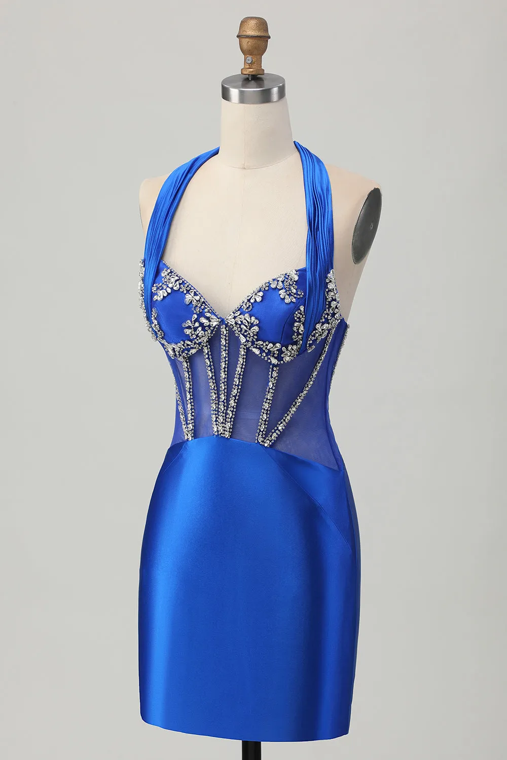 Royal Blue Bodycon Halter Backless Satin Homecoming Dress with Rhinestones sold by Zapaka product image thumbnail 3