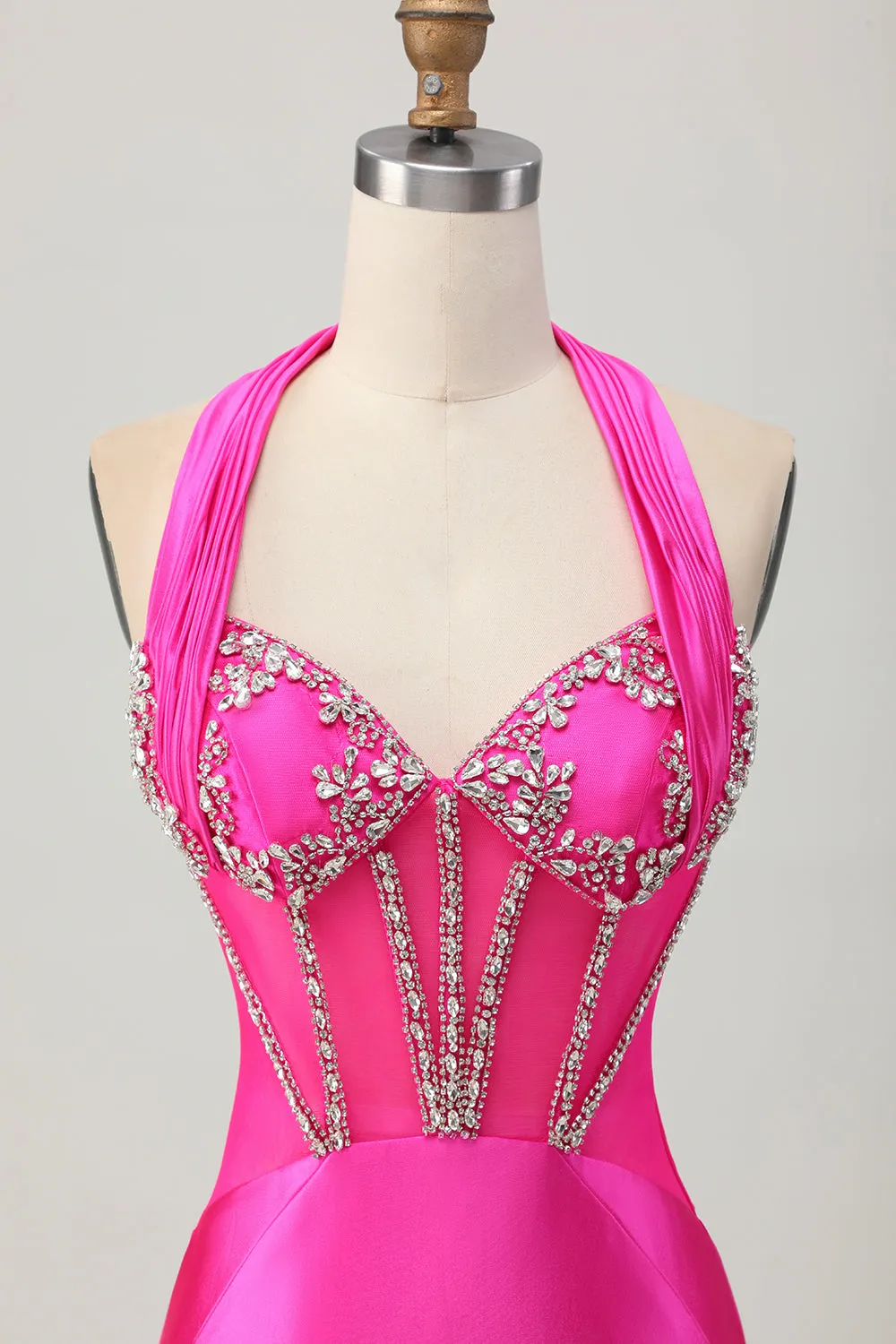 Fuchsia Bodycon Halter Backless Satin Homecoming Dress with Rhinestones sold by Zapaka product image thumbnail 4