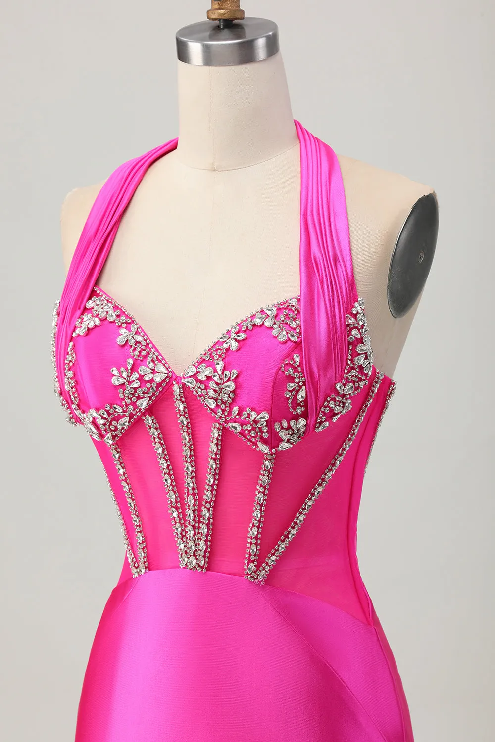 Fuchsia Bodycon Halter Backless Satin Homecoming Dress with Rhinestones sold by Zapaka product image thumbnail 5