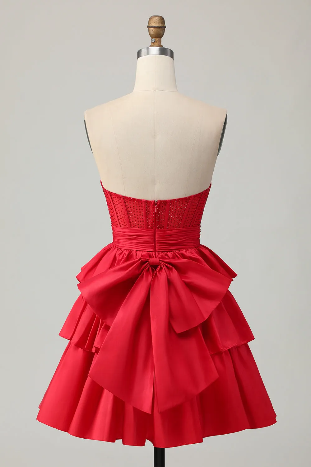 Red Strapless A-line Tiered Corset Beaded Short Homecoming Dress with Bow sold by Zapaka product image thumbnail 2