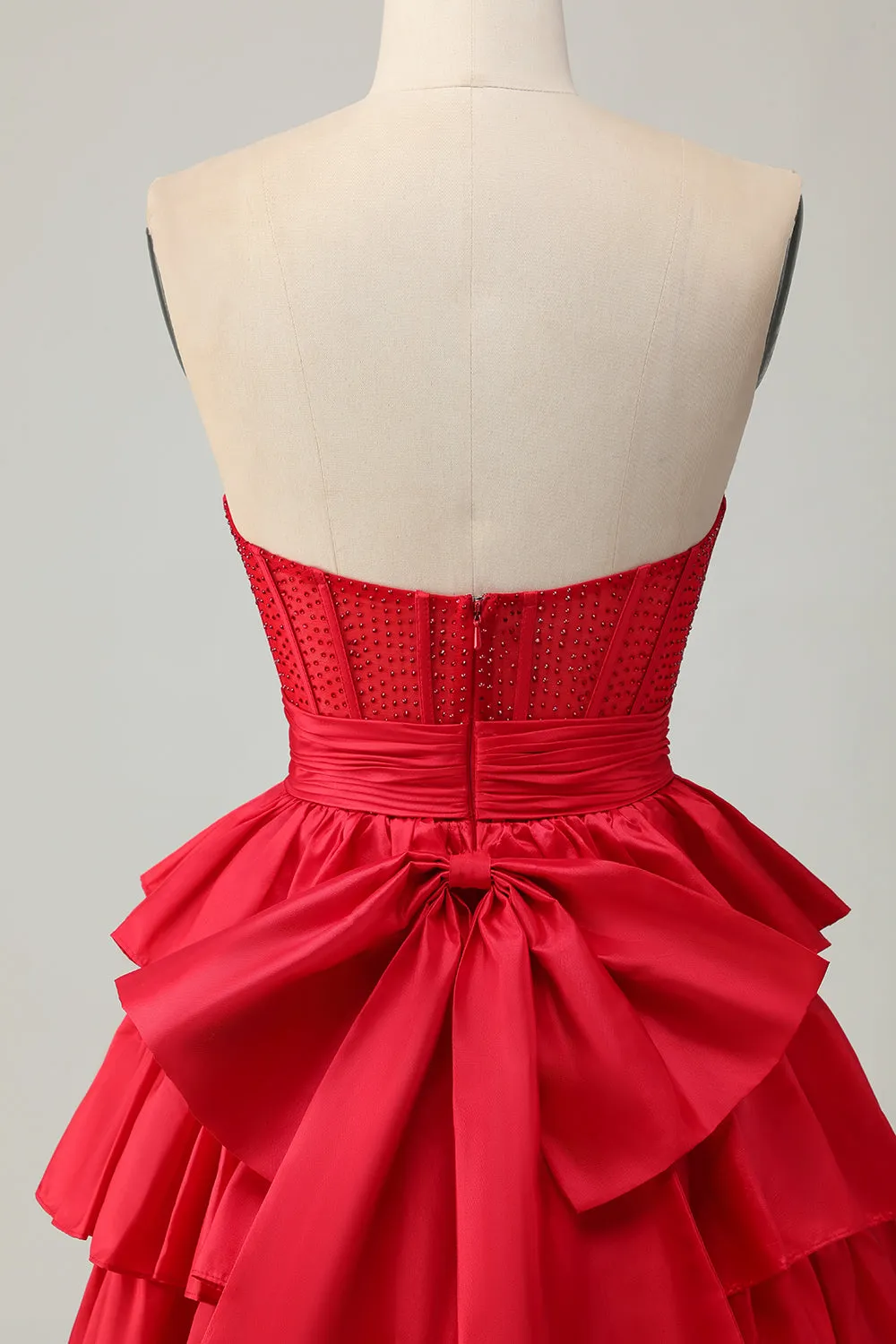 Red Strapless A-line Tiered Corset Beaded Short Homecoming Dress with Bow sold by Zapaka product image thumbnail 5