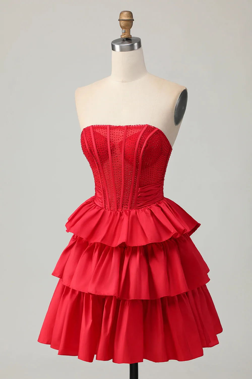 Red Strapless A-line Tiered Corset Beaded Short Homecoming Dress with Bow sold by Zapaka product image thumbnail 3