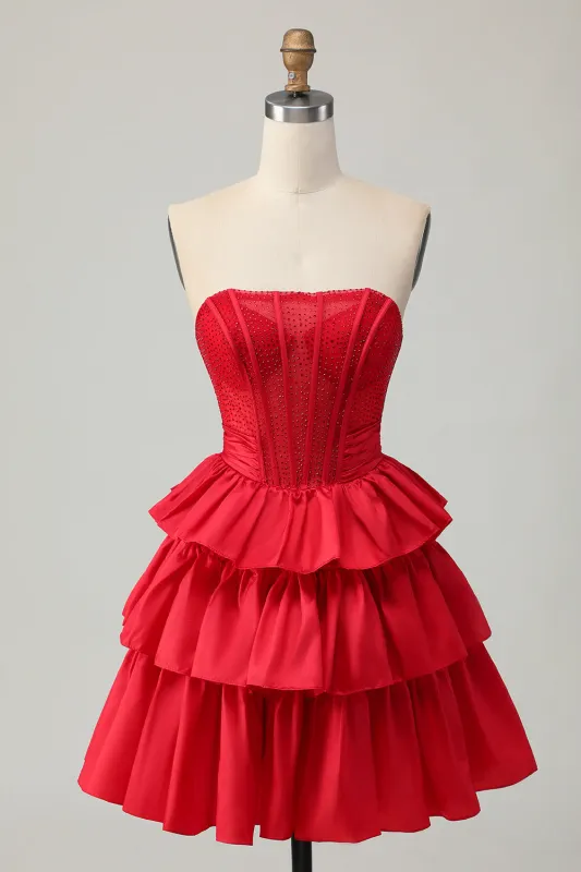 Red Strapless A-line Tiered Corset Beaded Short Homecoming Dress with Bow sold by Zapaka