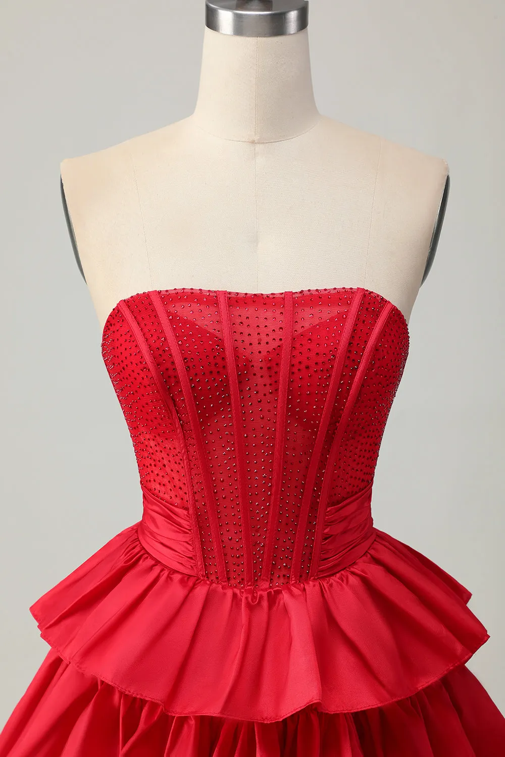 Red Strapless A-line Tiered Corset Beaded Short Homecoming Dress with Bow sold by Zapaka product image thumbnail 4
