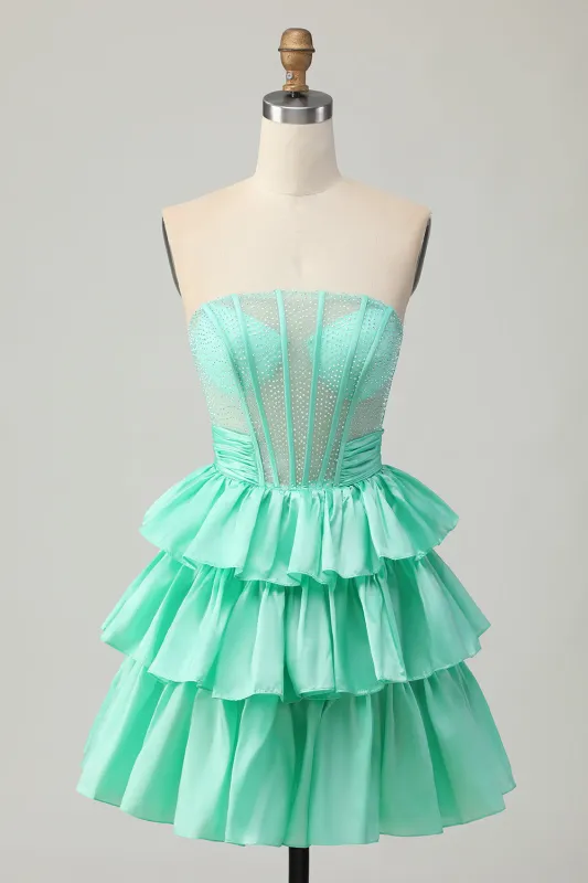 Green A-line Strapless Tiered Corset Beaded Short Homecoming Dress with Bow sold by Zapaka