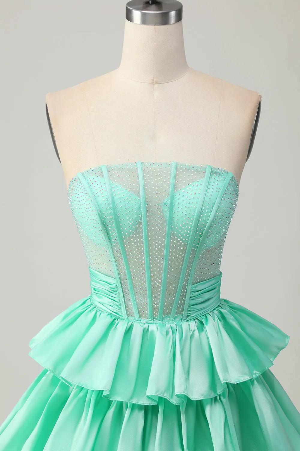 Green A-line Strapless Tiered Corset Beaded Short Homecoming Dress with Bow sold by Zapaka product image thumbnail 4