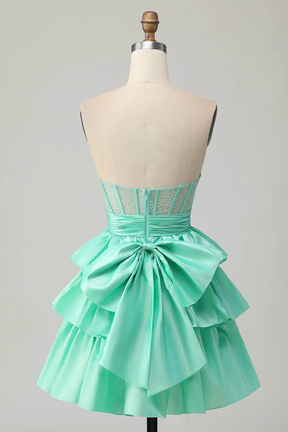 Green A-line Strapless Tiered Corset Beaded Short Homecoming Dress with Bow sold by Zapaka product image thumbnail 2